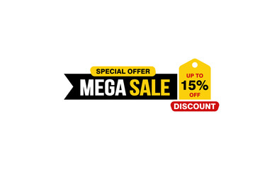 15 Percent MEGA SALE offer, clearance, promotion banner layout with sticker style.