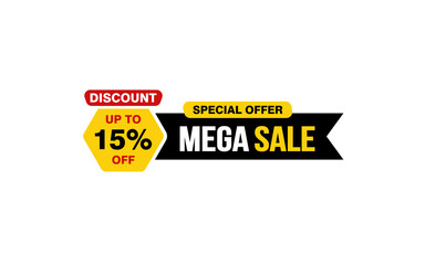 15 Percent MEGA SALE offer, clearance, promotion banner layout with sticker style.