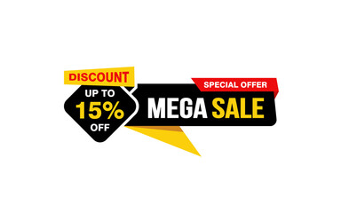 15 Percent MEGA SALE offer, clearance, promotion banner layout with sticker style.