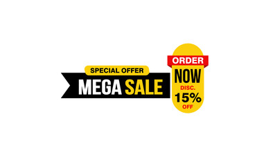 15 Percent MEGA SALE offer, clearance, promotion banner layout with sticker style.