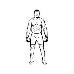 Standing MMA Fighter line art drawing. Muscular man logo. Male body simple vector illustration.