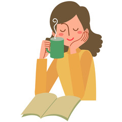 温かい飲み物を片手に読書する若い女性の上半身