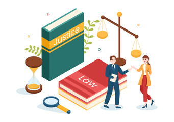 Law Firm Services with Justice, Legal Advice, Judgement and Lawyer Consultant in Flat Cartoon Poster Hand Drawn Templates Illustration