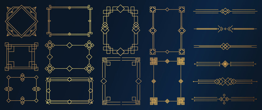 Collection of geometric art deco ornament. Luxury golden decorative elements with different lines, frames, headers, dividers and borders. Set of elegant design suitable for card, invitation, poster.