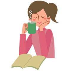 Fototapeta premium 温かい飲み物を片手に読書する若い女性の上半身