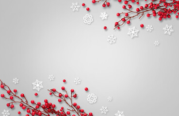 Christmas background with red berries and snowflakes.