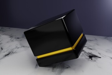 3D Black Box & gold, 3D Rendering, 3D Box on Mockup