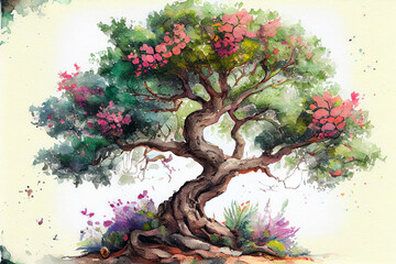 Obraz na płótnie Canvas Beautiful tree with colorful watercolor painting isolated on white background. Generative AI illustration