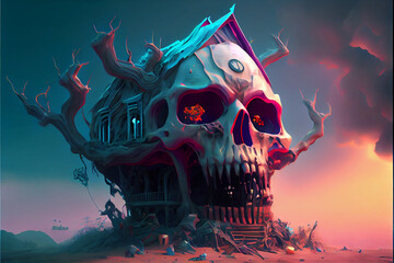 Scary fantasy house in the shape of a huge demonic skull. Generative AI illustration