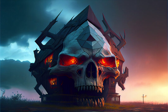 Fantasy house in the shape of a giant demonic skull. Generative AI illustration