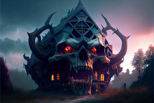 Scary house in the shape of a huge fantasy demonic skull. Generative AI illustration