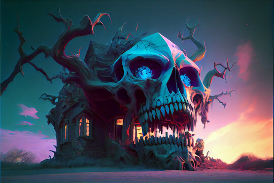 Scary fantasy house in the shape of a giant demonic skull. Generative AI illustration