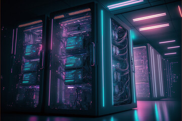 Data center room servers with purple and cyan glowing system storage. Generative AI illustration