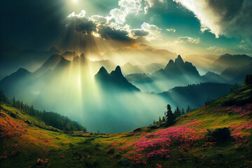 Fototapeta premium Wonderful landscape with lake, mountain, and trees, lush vegetation with watercolor painting style. Generative AI illustration