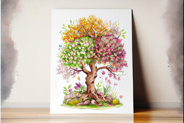 Beautiful tree in spring with colorful watercolor painting on a standing drawing canvas. Generative AI illustration
