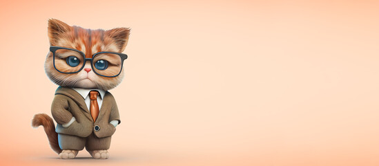 a smart cat teacher or student in glasses and a suit looks. 3d illustration copy space ai generated