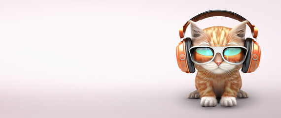 cute red cat in headphones and sunglasses listening to music, banner white background 3 d image panorama. ai generated