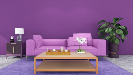 A modern purple living room with purple sofa. 3D rendering