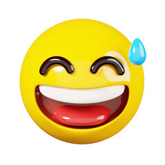 Laughing emoji with open mouth and sweat. Yellow face smiling emoji. Popular chat elements. Trending emoticon. 3D Render Illustration