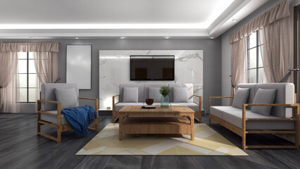 A modern living room with silver wall, television and wall frames mock-up. 3D rendering