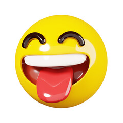 Laughing emoji with an open mouth and sticking tongue. Yellow face smiling emoji. Popular chat elements. Trending emoticon. 3D Render Illustration