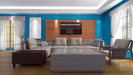 A modern living room with blue wall, television and wall frames mock-up. 3D rendering