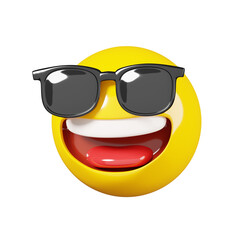 Smile emoji with sunglasses. Yellow face smiling emoji. Popular chat elements. Trending emoticon. 3D Render Illustration
