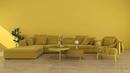 Simple and minimalist living room with yellow sofa and table. 3D rendering