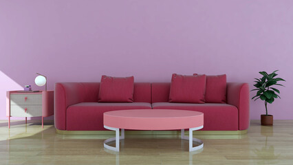 Minimalist and modern living room with purple wall color and pink wooden table. 3D rendering