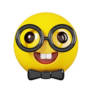 Smile emoji with glasses and bow tie. Yellow face smiling emoji. Popular chat elements. Trending emoticon. 3D Render Illustration