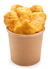Nugget Fried chicken isolated on paper bucket With clipping path, Fried chicken on white.