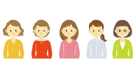 イラスト素材：笑顔の表情、女性たちの複数横並び、服装髪型違い（透過背景）
