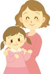 イラスト素材：女の子の肩に手を置く笑顔のお母さん　ニッコリ表情　微笑み合う母娘（透過背景）
