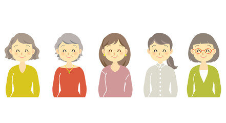 イラスト素材：目を細めた笑顔の表情、年配の女性たちの複数横並び、服装髪型違い、シルバーヘアー（透過背景）

