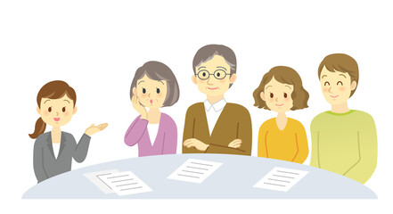 イラスト素材:青ざめた老夫婦と若い夫婦が相談をする場面　 契約　相談　打ち合わせ（透過背景）
