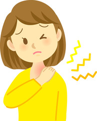 イラスト素材:若い女性が肩や首を痛がり手を当てている姿　黄色い服（透過背景）
