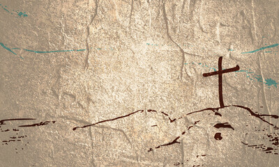 Christian cross on Golgotha mountain. Religion concept illustration. Jesus Christ Crucifixion.