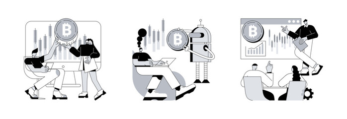 Cryptocurrency market abstract concept vector illustration set. Cryptocurrency trading desk bot, bitcoin trading courses, financial exchange, digital tokens, blockchain technology abstract metaphor.