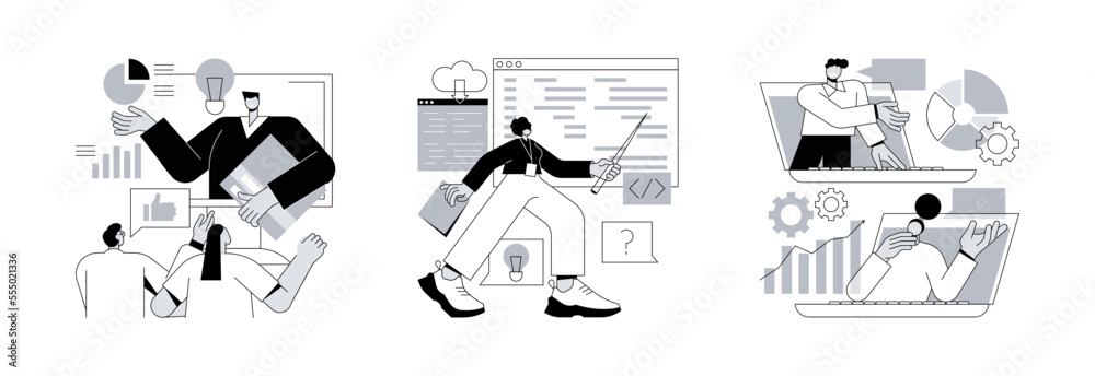 Poster employee skills training abstract concept vector illustration set. managers and coding workshops, on