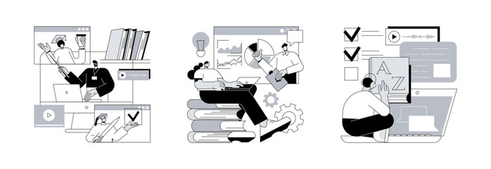 Distance web learning abstract concept vector illustration set. Online education platform, workshop and language tutoring, video call, educational webinar, personal tutor courses abstract metaphor.