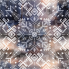 Tribal Seamless pattern, boho geometric background with ethnic ornament. White, beige, brown and navy blue texture