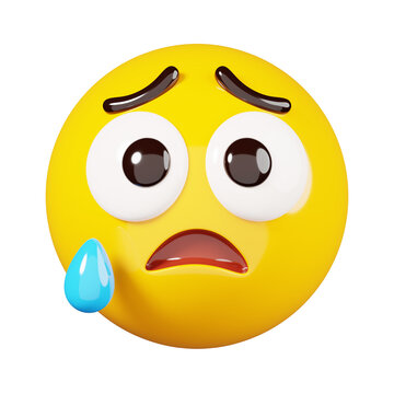 Sad emoji with tear. Yellow face crying emoji. Popular chat elements. Trending emoticon. 3D Render Illustration