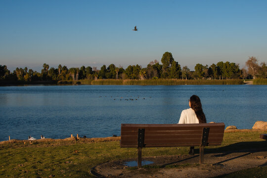 A woman sitting on a bench of a lake