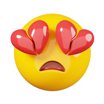 Sad emoji with broken heart eyes. Yellow face emoji. Popular chat elements. Trending emoticon. 3D Render Illustration