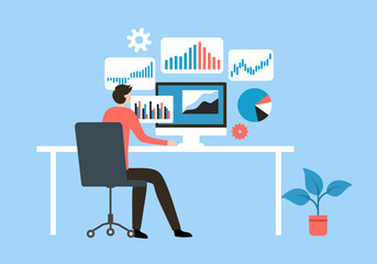 Businessman working on computer with investment statistical data diagram for marketing analysis in flat design. Financial business investor working in office concept.