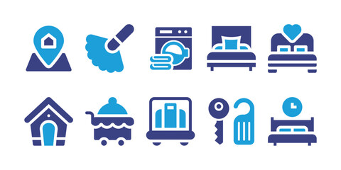 Hotel icon set. Duotone color. Vector illustration. Containing  pin, duster, laundry, bed, pet house, room service, luggage cart, room key, sleep.