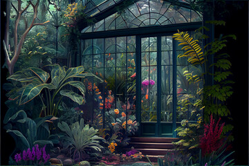 Fototapeta na wymiar beautiful glass and iron conservatory full of blooming plants