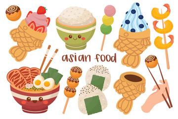 Doodle flat clipart. Set of different asian food. All objects are repainted.