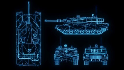 3D rendering illustration Tank blueprint glowing neon hologram futuristic show technology security for premium product business finance  