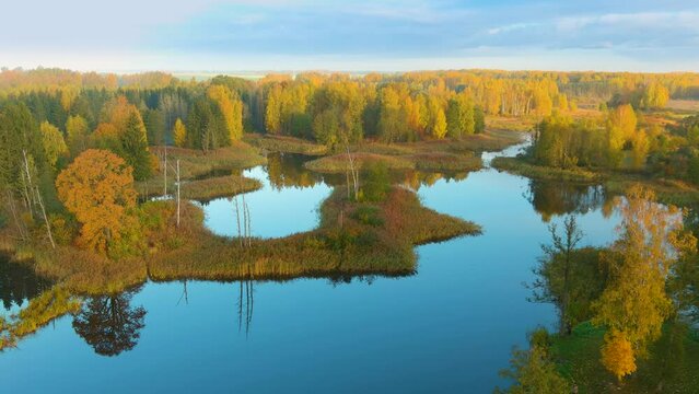 Aerial view of Kirkilai karst lakes in sunny autumn morning, Birzai, Lithuania